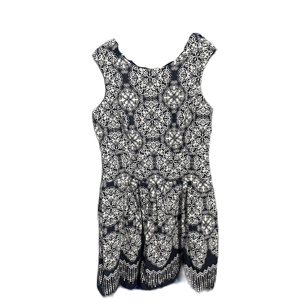 Chadwick’s Navy Blue White Dots Medallion Print Pattern V Neck Belt Tie Dress 18